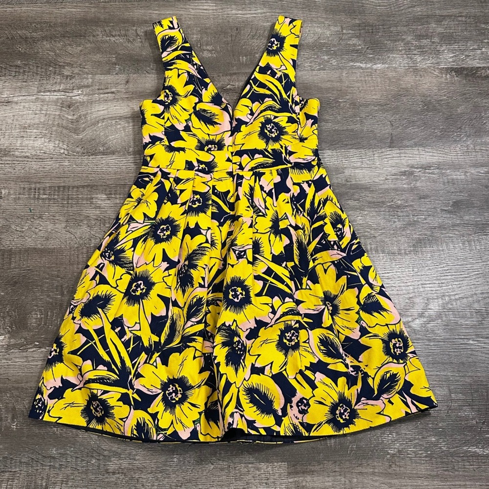 J.Crew Womens Yellow Navy Floral V-Neck Fit & Flare Dress C8272 Size 2